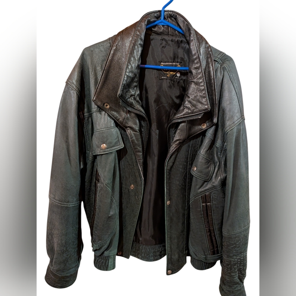 Vintage Men's Green And Black Leather Jacket